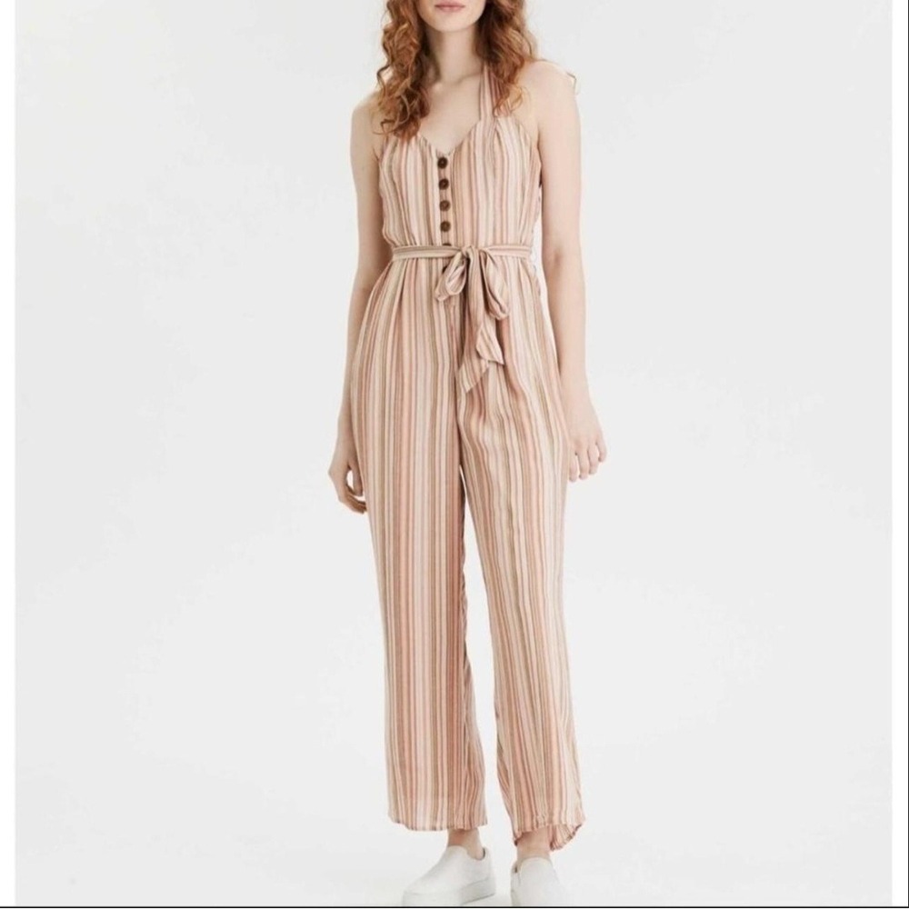 American Eagle Striped Halter Neck Wide Leg Jumpsuit Boho Casual LinedXS